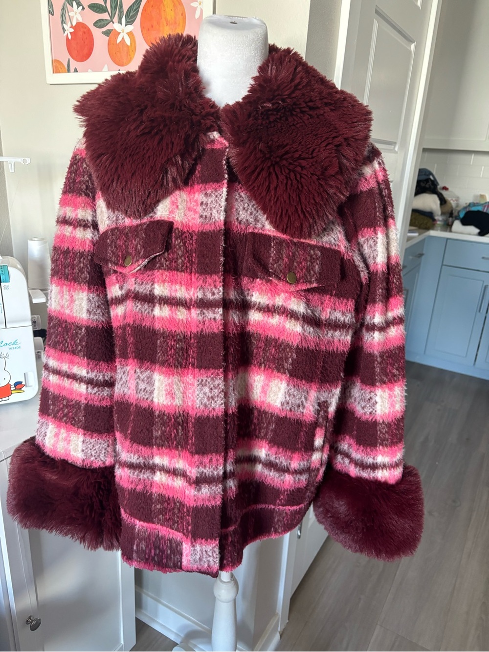 Anthropologie Plush Collared Plaid Jacket in Burgundy and Pink